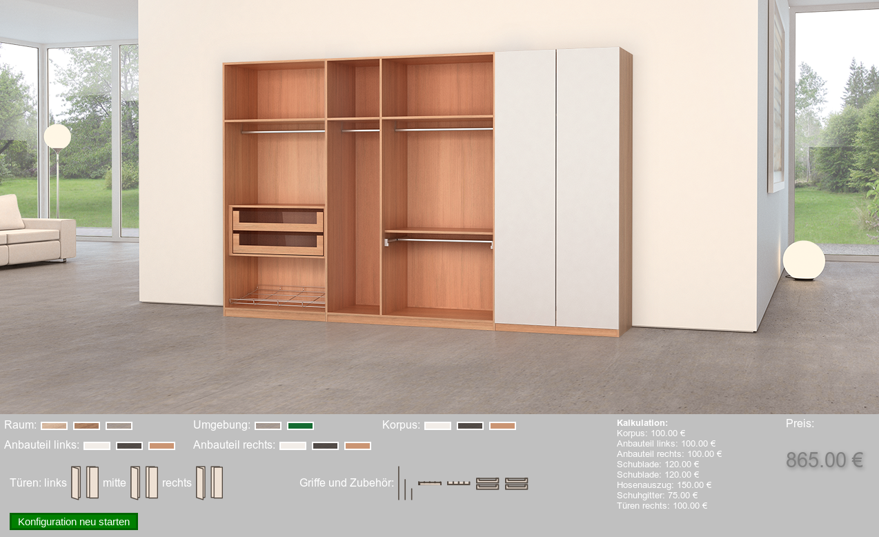  3D-Produktkonfigurator für Möbel - Auswahl von Schubladen und anderen Komponenten