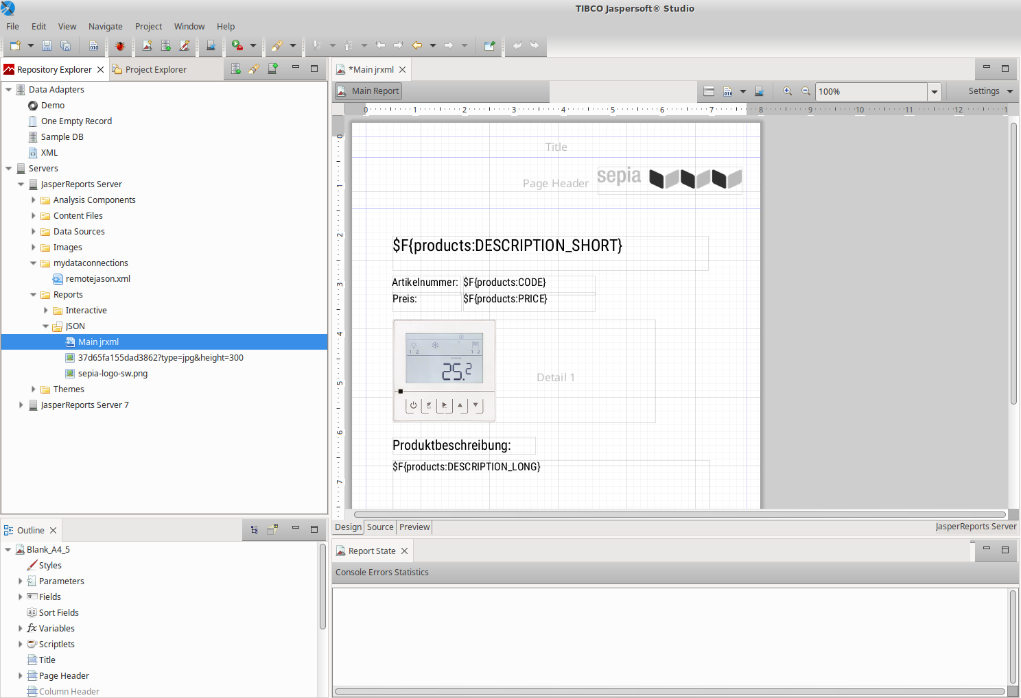 Template for a product data sheet in Jasperreports Server