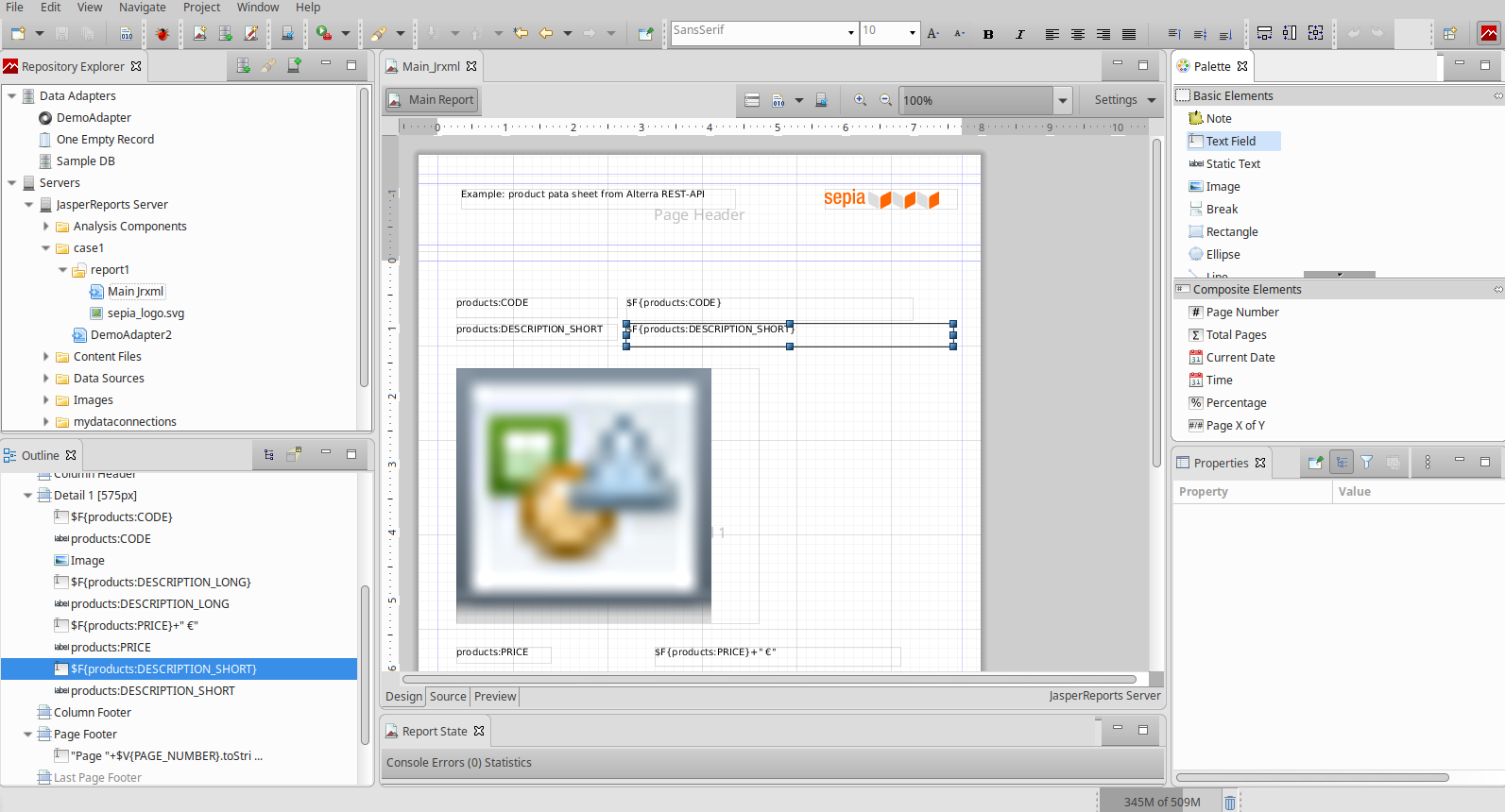 A template with data fields of type text and image in Jaspersoft Studio