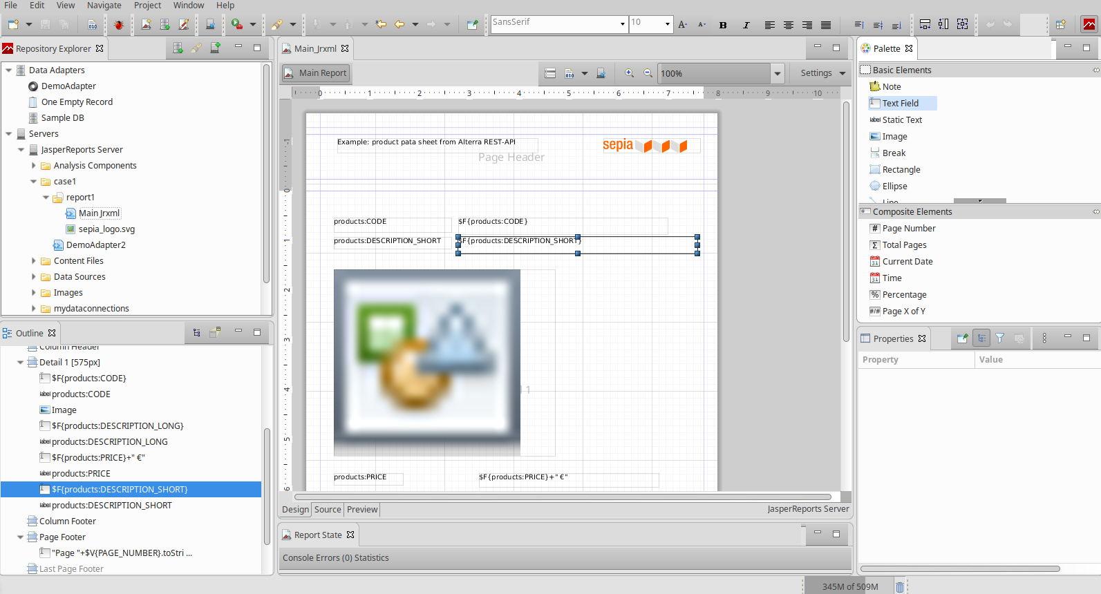 Ein Template mit Datenfeldern vom Typ Text und Bild in Jaspersoft Studio