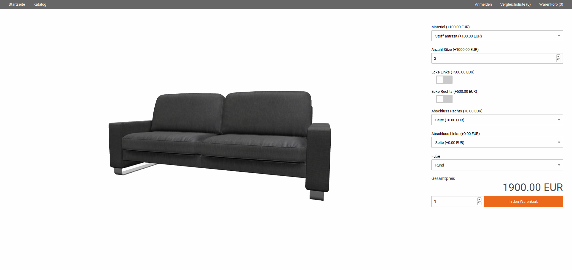 Implementation of the product configuration for the Lipari sofa considering element overview I