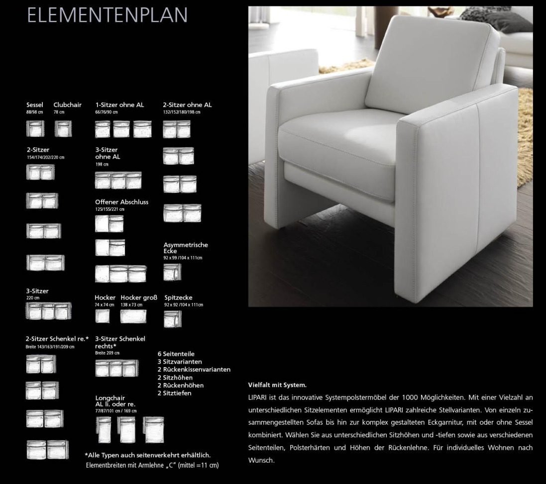 Overview of available elements for the Lipari sofa system by Segmüller