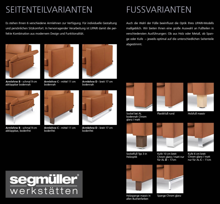 Side element and foot variants of the Lipari sofa by Segmüller
